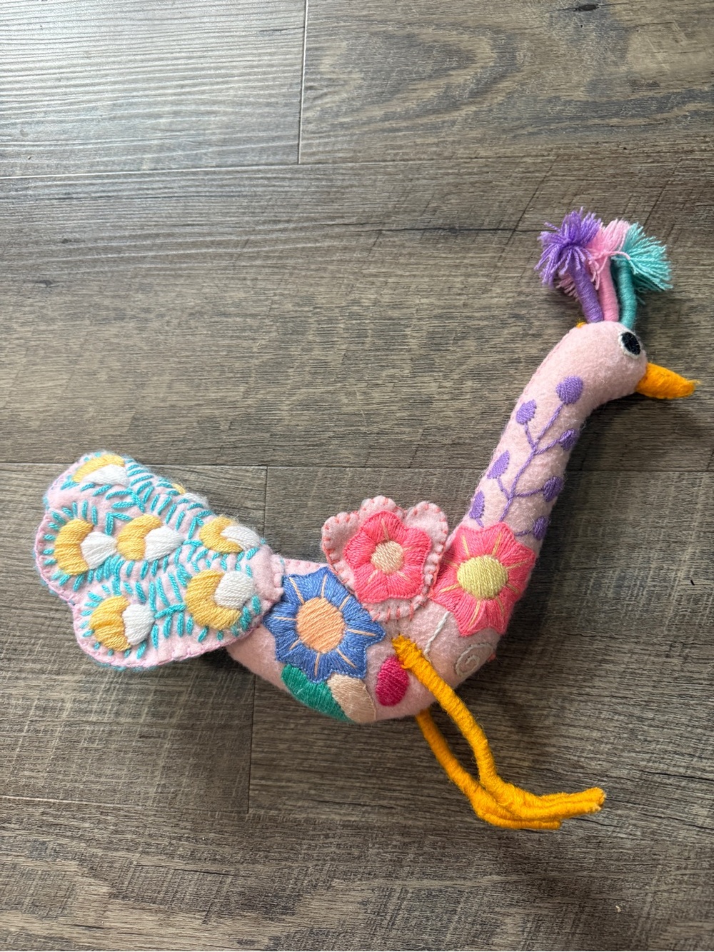 Whimsical Handmade Pink Embroidered felt Bird